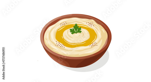 Realistic bowl of hummus with olive oil and parsley garnish