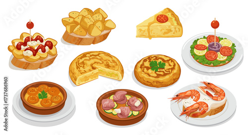 Delicious tapas selection with potatoes, spanish omelette, and seafood on white background