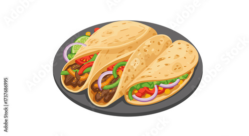 Delicious tacos on plate with colorful vegetables and beef filling in flat design