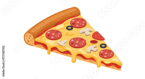 Cheesy pizza slice with toppings on white background