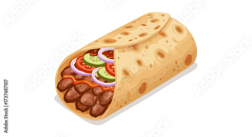 Delicious wrap filled with vegetables and meat in realistic style