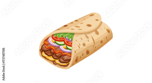 Tasty burrito with fresh vegetables and beef in realistic style