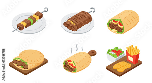 Isometric fast food icons with grilled meat dishes and fresh sides