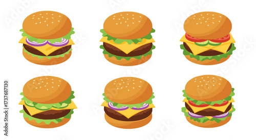 Delicious 3d isometric cheeseburgers with various toppings