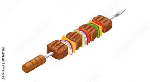 Grilled skewered kebabs with colorful vegetables and meat on white background