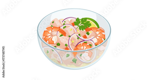 Delicious seafood ceviche in glass bowl with fresh cilantro and lime