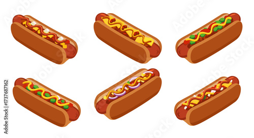 Delicious variety of hot dogs with colorful toppings on white background