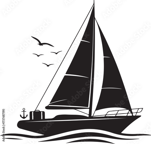 Sailboat Silhouette on Water with Seagulls and Anchor sailing