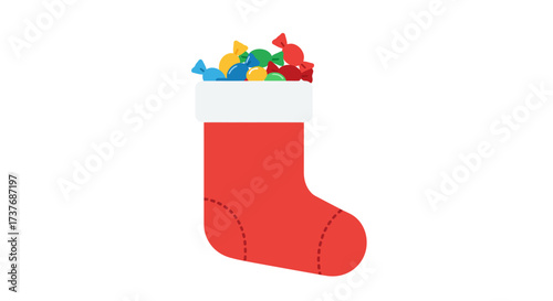 Red Christmas stocking filled with colorful wrapped candies.