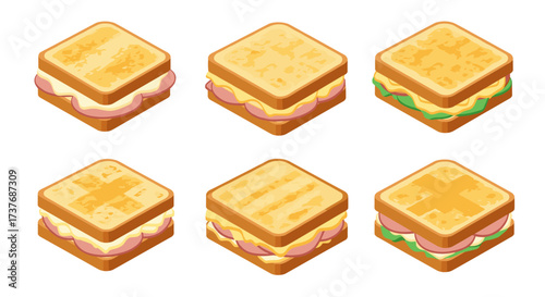 Delicious isometric sandwich set featuring assorted fillings and toasted designs