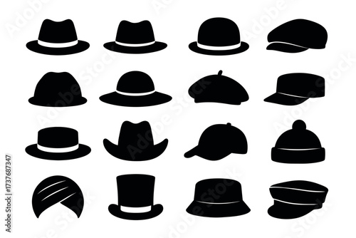 Collection of various hat silhouettes including fedora beret and cowboy