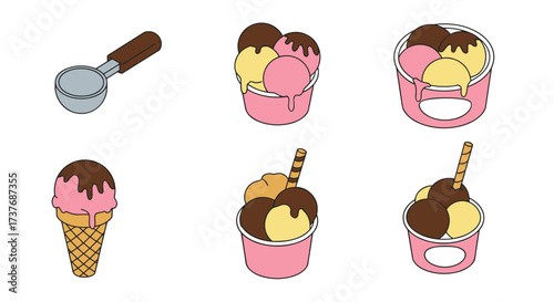 Colorful ice cream icons in flat design with various scoop and cone options