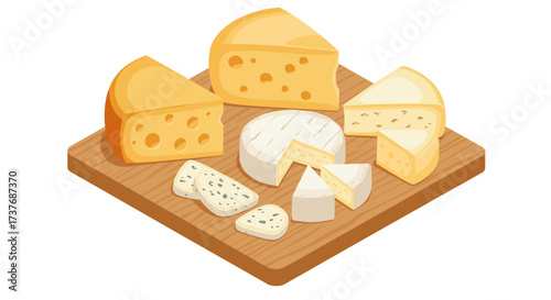 Assorted cheese collection on wooden board in realistic style