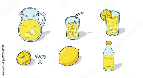 Lemonade and fresh lemons in isometric style with ice cubes and slices