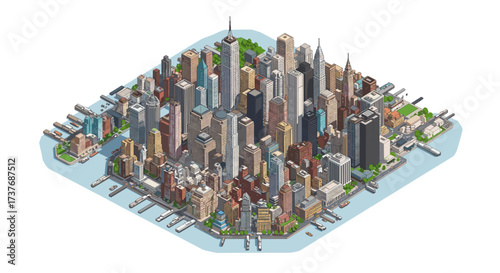 Isometric cityscape with modern skyscrapers and urban architecture on waterfront