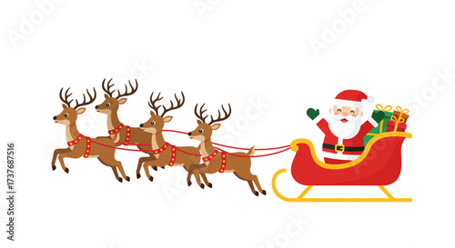 Santa Claus and Reindeer Pulling Sleigh for Christmas Delivery.