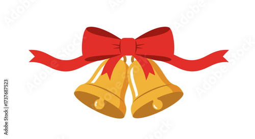 Golden Christmas bells with red ribbon festive holiday decoration.