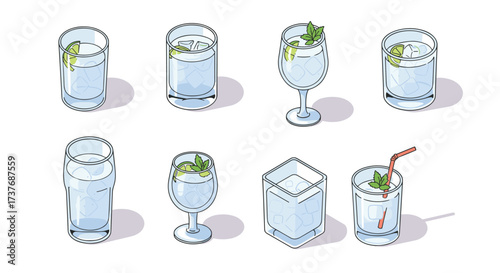 Refreshing drinks collection in isometric style with ice and mint garnish