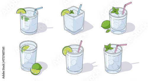 Refreshing glasses of lime and mint infused water with ice and straws