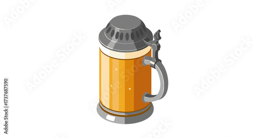 German beer stein with lid on white background in isometric style