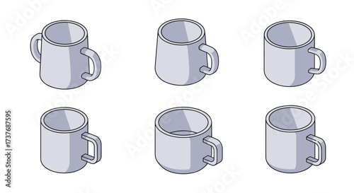 Isometric design of six white coffee mugs in various angles on a plain background