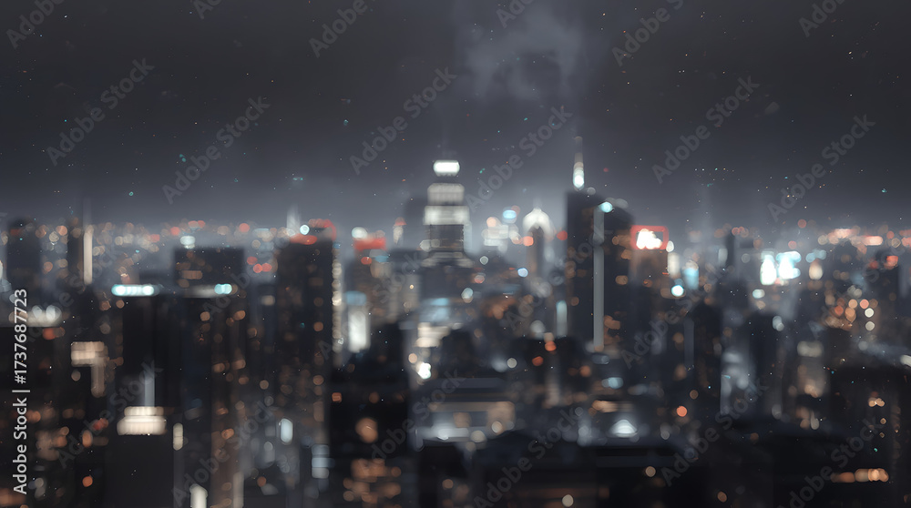 Fototapeta premium Blurred city skyline at night with glowing lights and bokeh effect, atmospheric urban background for modern, futuristic, and creative design concepts.