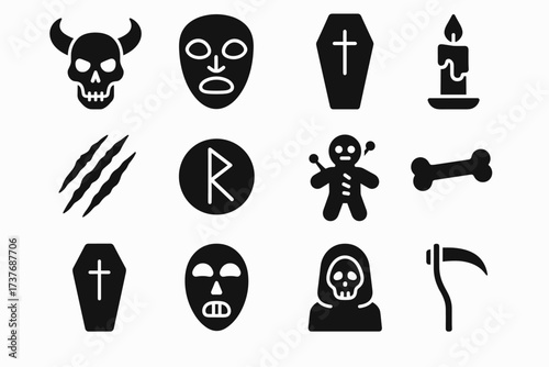Halloween icons: skull, mask, coffin, candle, claw, rune, voodoo, bone, scythe