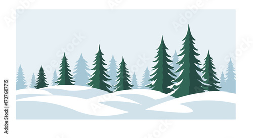 Winter forest landscape with snow covered evergreen trees.