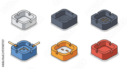 Isometric ashtray set with varied colors and textures