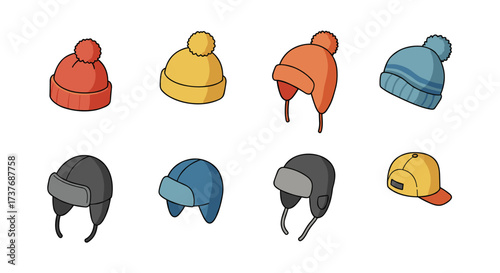 Collection of colorful winter hats in various styles on white background