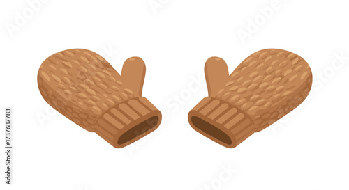 Cozy brown knit mittens with textured patterns on white background