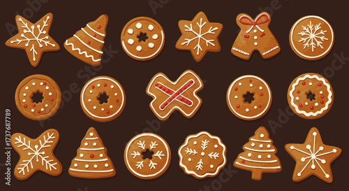 Assortment of festive gingerbread cookies with white icing for Christmas holiday.