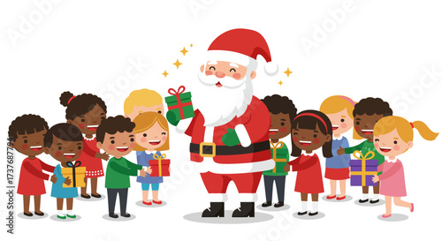 Santa Claus giving gifts to happy diverse children at Christmas celebration.