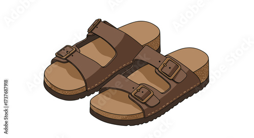 Comfortable brown leather sandals with buckles in flat design