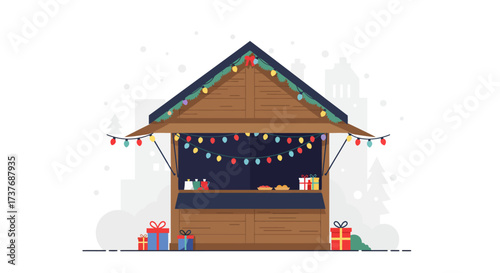 Festive Wooden Christmas Market Stall with Holiday Decorations.