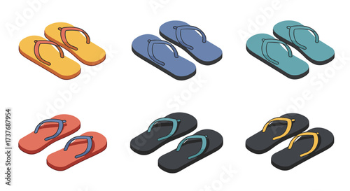 Colorful isometric beach sandals in multiple shades on white background