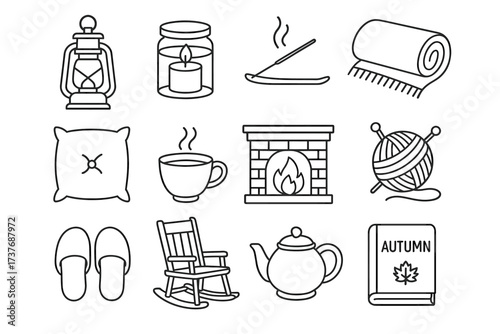 Cozy autumn essentials: candles, fireplace, knitting, and more hygge icons