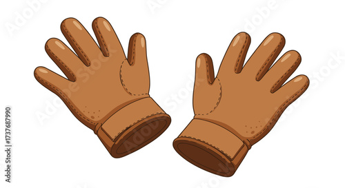 Cartoon style brown leather gloves with stitched details on white background