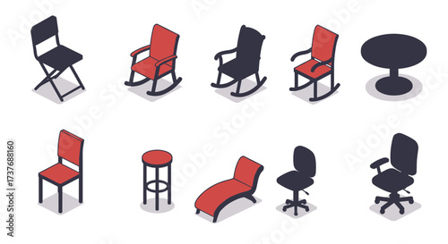 Isometric furniture collection: chairs, tables, and stools in modern design