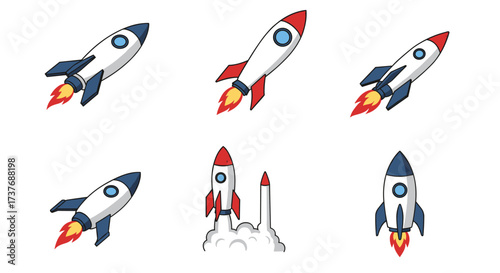 Colorful rocket clipart set with flat design launching into space