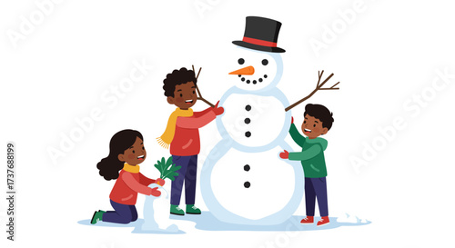 Three happy children building a snowman together in winter.