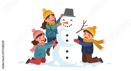 Children joyfully building a snowman together during winter season.