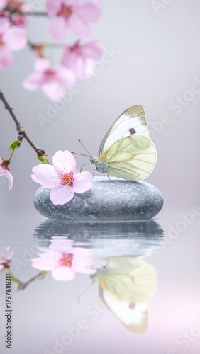 Cherry Blossoms, Zen Stones, and Butterfly on Water Surface
