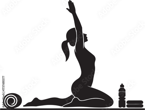 Silhouette of a woman in a yoga pose with exercise equipment on a white background stretching