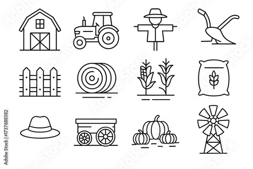 Farming icons: tractor, barn, scarecrow, windmill, crops