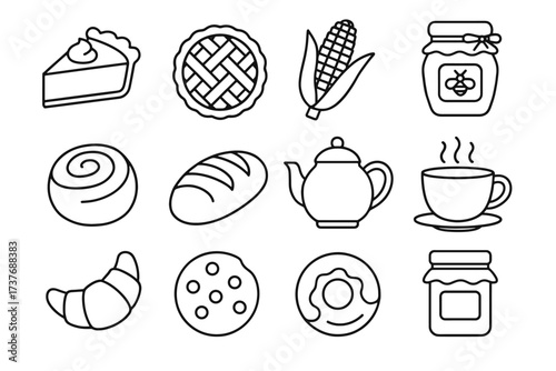 Assorted food outlines featuring pastry, jar, and teapot icons in black and white