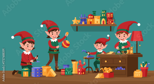 Christmas elves diligently prepare festive gifts in their magical workshop.