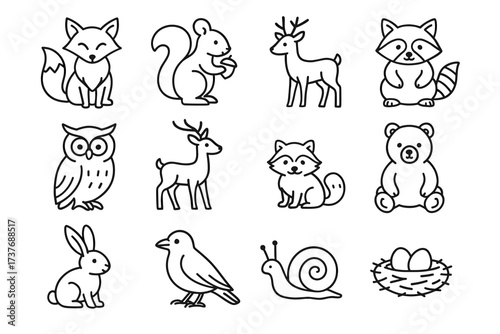 Cute woodland animal outlines: fox, squirrel, deer, raccoon, owl, bear, rabbit, bird, snail, eggs