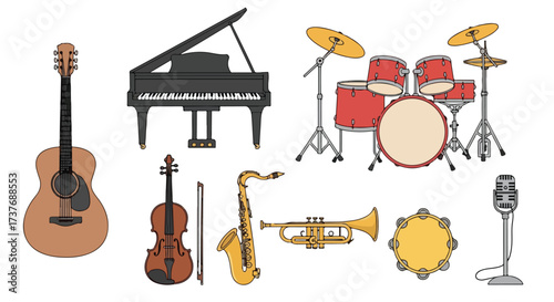 Diverse Collection of Musical Instruments for Music Production and Entertainment