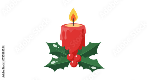 Festive red Christmas candle with holly leaves and berries.